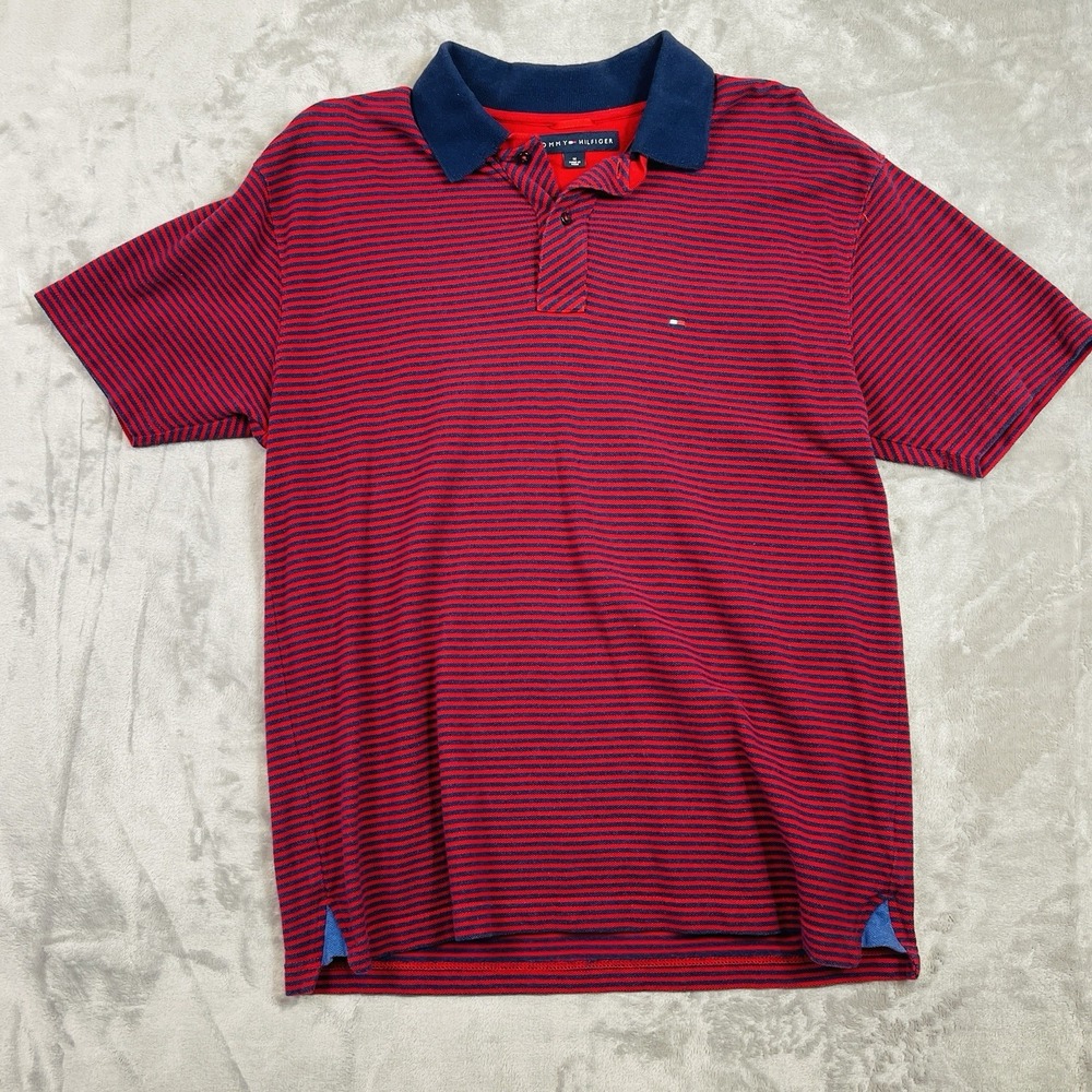 Tommy Hilfiger Mens Size Medium Polo Striped Red Blueβ Short Sleeve Classic